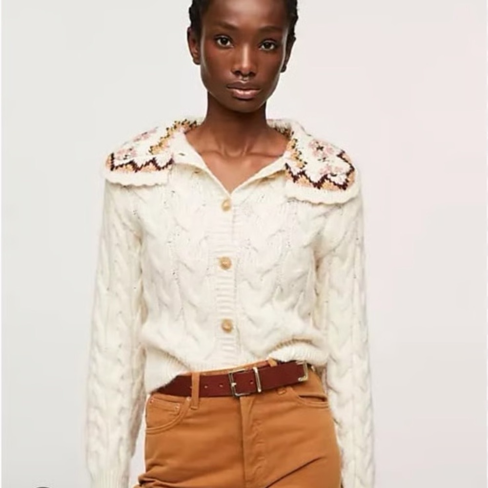 Mango Cream Cable-Knit Cardigan with Floral Collar - Picture 2 of 6